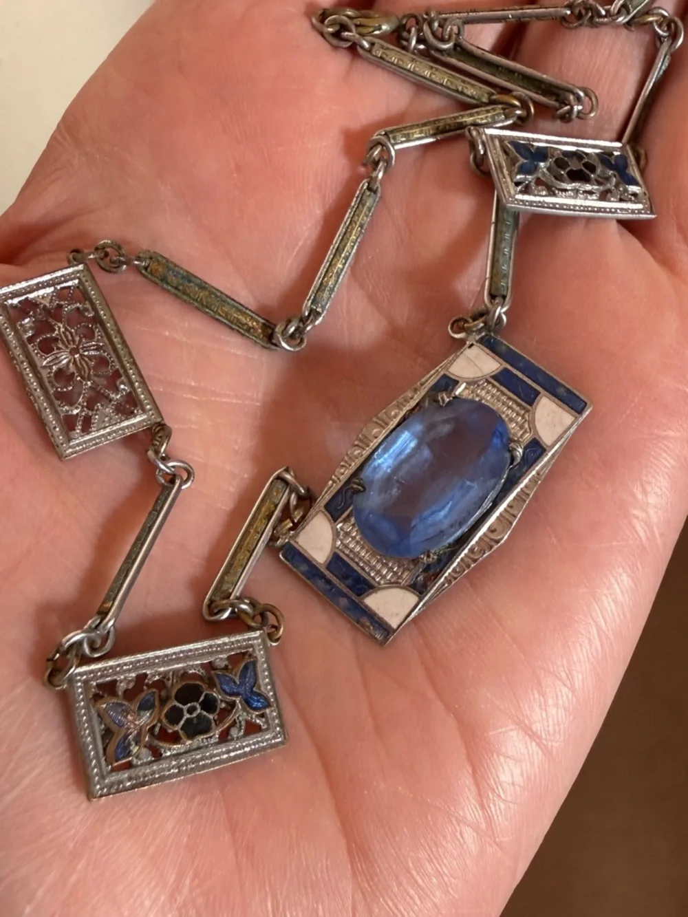 Antique Art Deco 1920 Blue Checho Glass Guilloche enamel choker Necklace - Picture 14 of 17